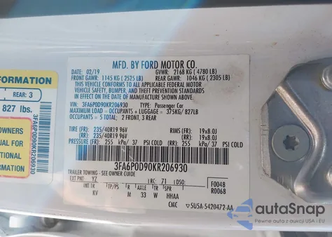 2019 Ford Fusion Titanium из США, поврежденный, VIN 3FA6P0D90KR206930